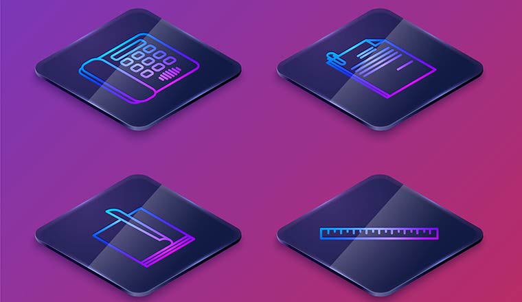 Set Isometric line Telephone, File document, File document and paper clip and Ruler.