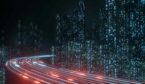 abstract highway path through digital binary towers in city.