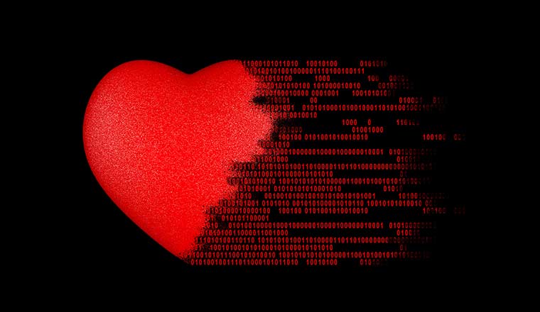 Binary code digits come out of the heart