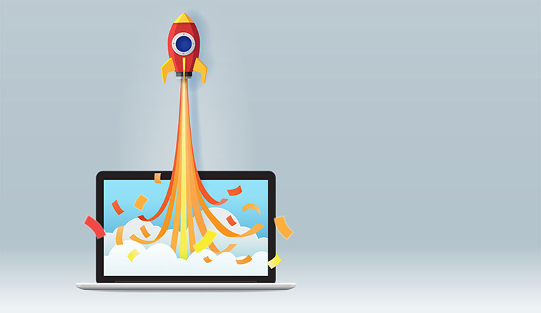 A rocket launching from a laptop