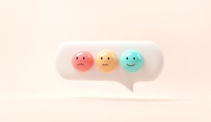 Set of emoji emoticons in speech bubble with sad and happy mood, evaluation concept
