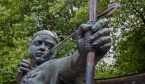 Detail of the statue of Robin Hood standing near Nottingham Castle in Nottingham, England.