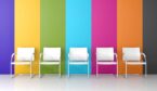 Colorful waiting room with five white chairs