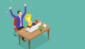 Illustration of someone celebrating at desk