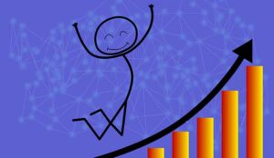 Increasing graph with stick person jumping in happiness