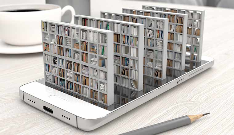 Bookcase on phone screen - knowledge management concept