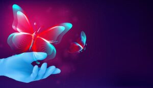 Digital transformation concept Butterfly silhouette flying away from human hand
