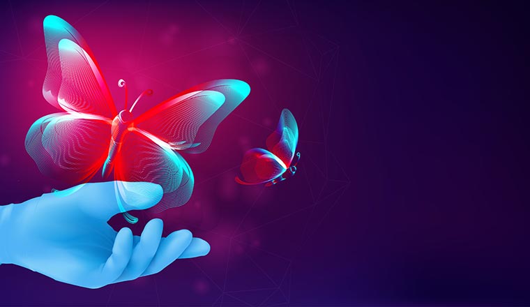 Digital transformation concept Butterfly silhouette flying away from human hand