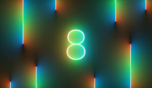 Illustration of bright number 8 with colorful neon lights