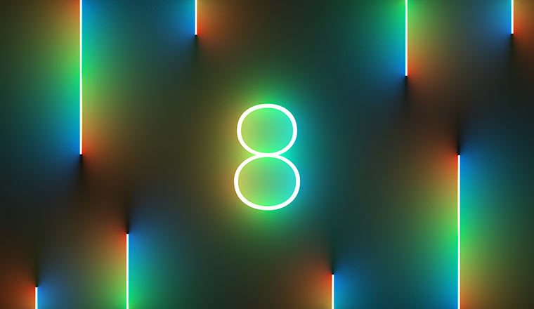 Illustration of bright number 8 with colorful neon lights