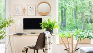 Home office with desk, chair and computer