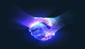 Handshake in digital futuristic style. The concept of partnership
