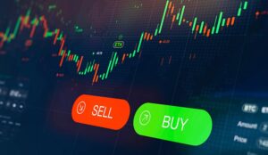 Futuristic stock exchange scene with chart, numbers and BUY and SELL options