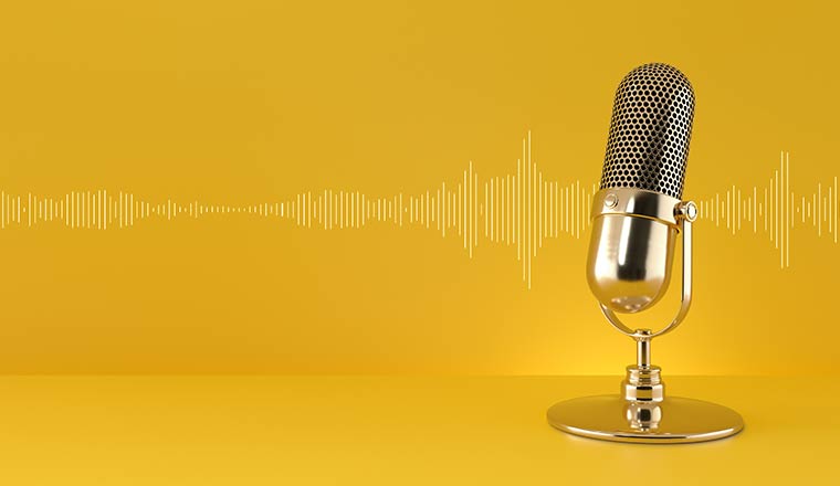 Gold microphone and sound wave on yellow background.