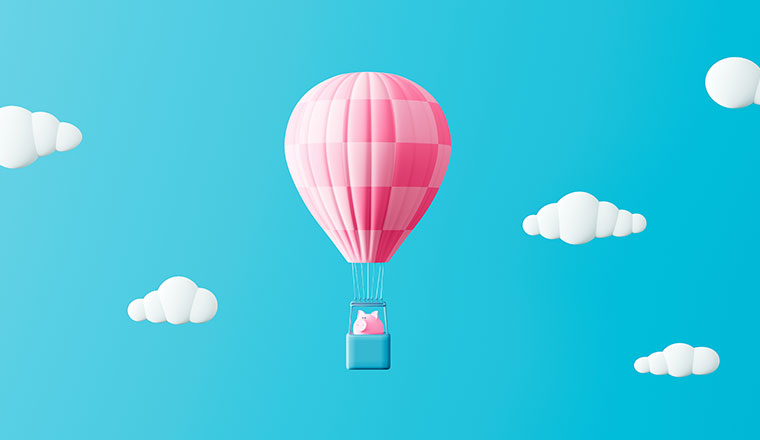 Piggy bank in hot air balloon on blue sky, with clouds