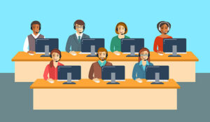 Illustration of happy call center agents team at office