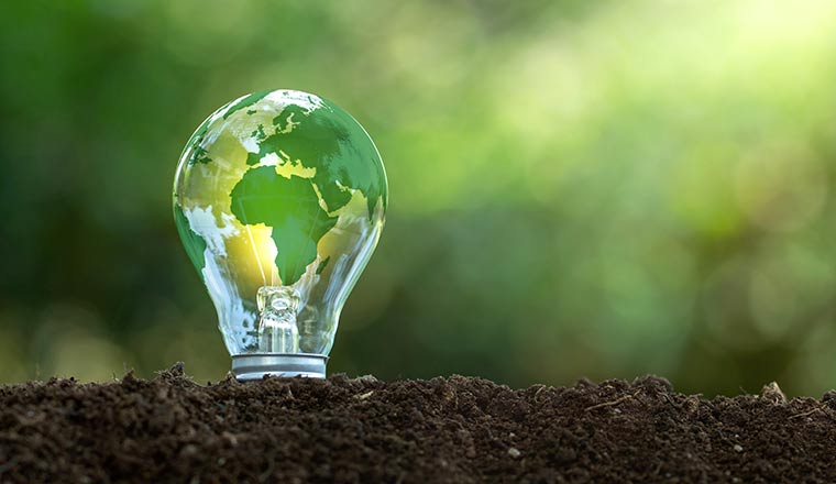 A green world map on a light bulb