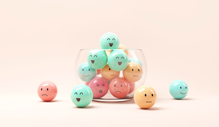 Set of emoji emoticons with sad and happy mood in jar glass, rating concept