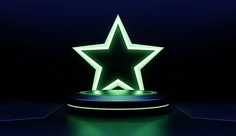 Award concept with green neon star on podium