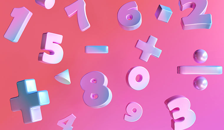 Gradient color number and basic math operation symbols on pink background