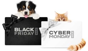 Dog and cat behind shopping bags with black friday and cyber monday