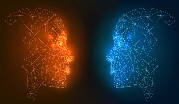 Two glowing heads: orange and blue