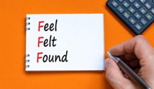 FFF feel felt found technique - words FFF feel felt found on white note