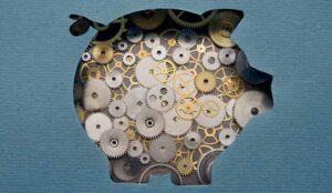 Piggy bank formed by gears and cogs