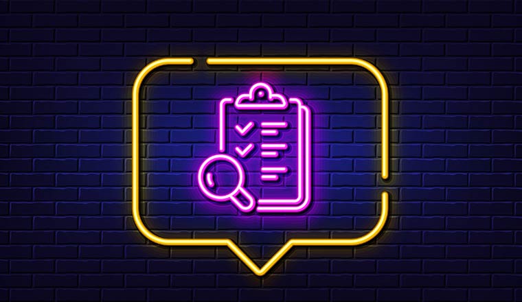 Neon light speech bubble. Inspect line icon. Quality research sign.