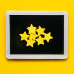Customer Experience, Review Concept. Many yellow stars in frame on yellow background