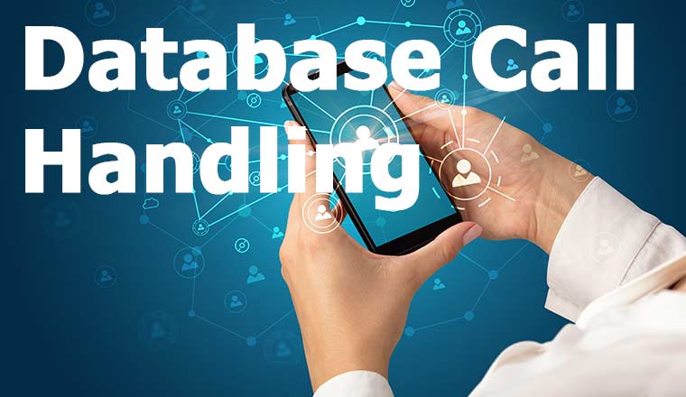 Hand holding phone with people icons with the words database call handling