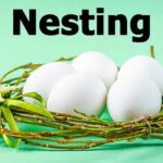 Eggs in a twig nest with the words nesting