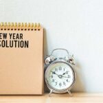New year resolution on a notepad and alarm clock on wood table