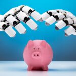 Robotic Hand Protecting Pink Piggybank - technology to reduce costs concept