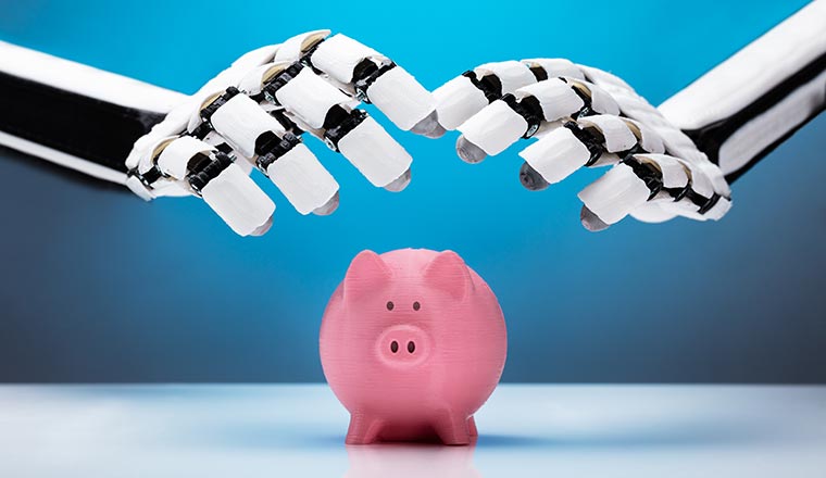 Robotic Hand Protecting Pink Piggybank - technology to reduce costs concept