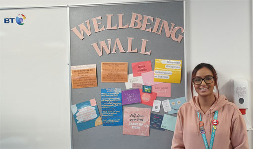 Picture from the BT contact centre showing the concierge next to the wellbeing wall