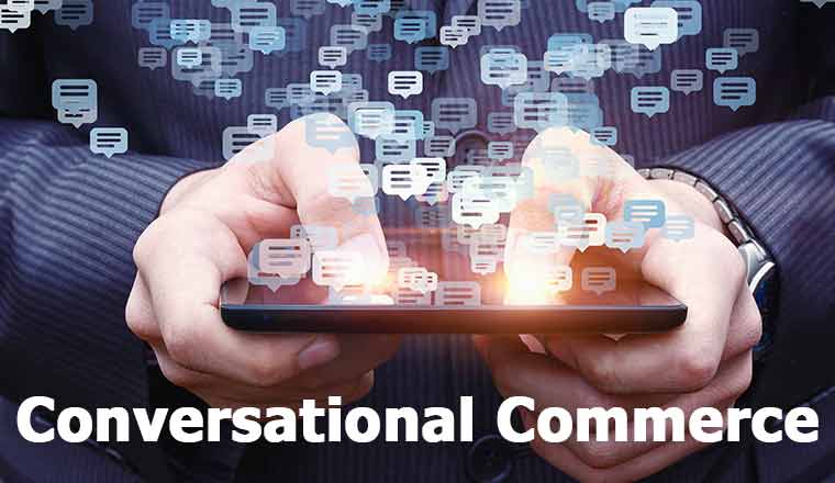 Chat bubbles coming off phone with the words conversational commerce