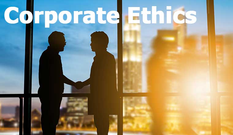 Silhouette businessmen shake hands with words corporate ethics
