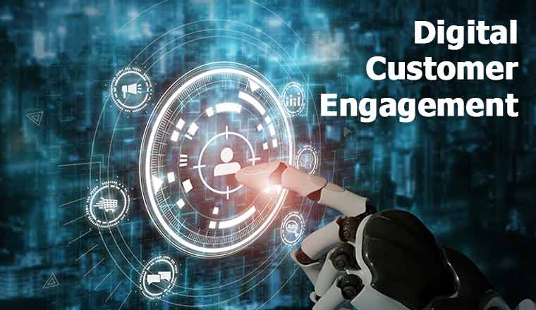 Digital Customer Engagement written on image of robot hand with customer icons