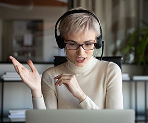 Call centre agent talking on phone