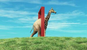 Elephant entering a door and gets out as a giraffe . Change concept