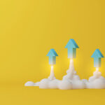 Three arrows soaring on yellow background. Business development to success and growing growth concept