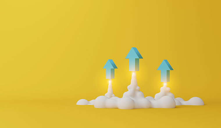 Three arrows soaring on yellow background. Business development to success and growing growth concept