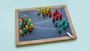 Board with arrows and colored figures - staffing organisation concept