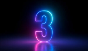 Number three glowing in the dark, pink blue neon light