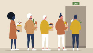 Office exodus illustration showing employees leaving company