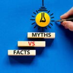 Facts vs myths symbol. Concept words Facts vs myths on wooden blocks on a beautiful blue table blue background