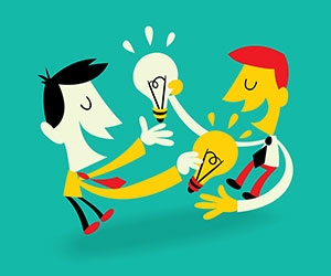 People sharing - person handing unlit lightbulb and gaining lit one