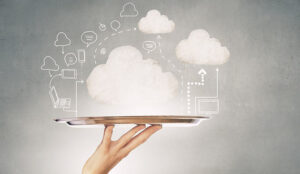 Cloud product offering concept with hand holding tray with cloud and computing icons