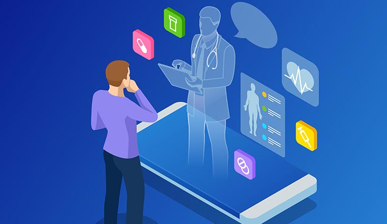 Digital health concept with a doctor standing on phone surrounded by assorted medical icons.